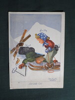 Képeslap,Hannes Otto Trautloft grafika,művészet,humor,vicc,gyerek modell,kisfiú,kislány,1940-