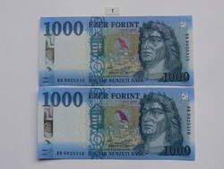 2 Pieces Serial Numbered King Matthias 1000 Forint Banknotes 2017 DN. UNC.