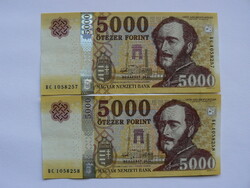 2 pcs Serial Numbered Széchenyi 5000 Forint Banknotes 2016 BC. UNC.