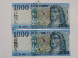 2 pcs Consecutive Serial Number King Matthias 1000 Forint Banknotes 2017 UNC