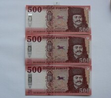 3 PIECES RÁKÓCZI 500 FORINT BANKNOTES 2018 EA. UNC. SERIAL NUMBER TRACKING