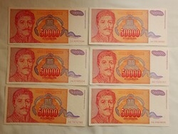 Papírpénz 061 - Jugoslavija 50 000 dinara 6db egyben 1994
