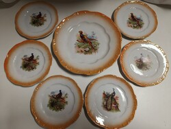 Zsolnay pajzspecsétes lüszter mázas, madár dekoros porcelán kis és nagy tányérok - 7 db
