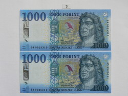 2 Pieces Serial Numbered King Matthias 1000 Forint Banknotes 2017 DN. UNC.