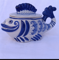 Gzsel (Gzhel) porcelán hal  kaviártartó – Jelzett, Szovjet (USSR) export darab