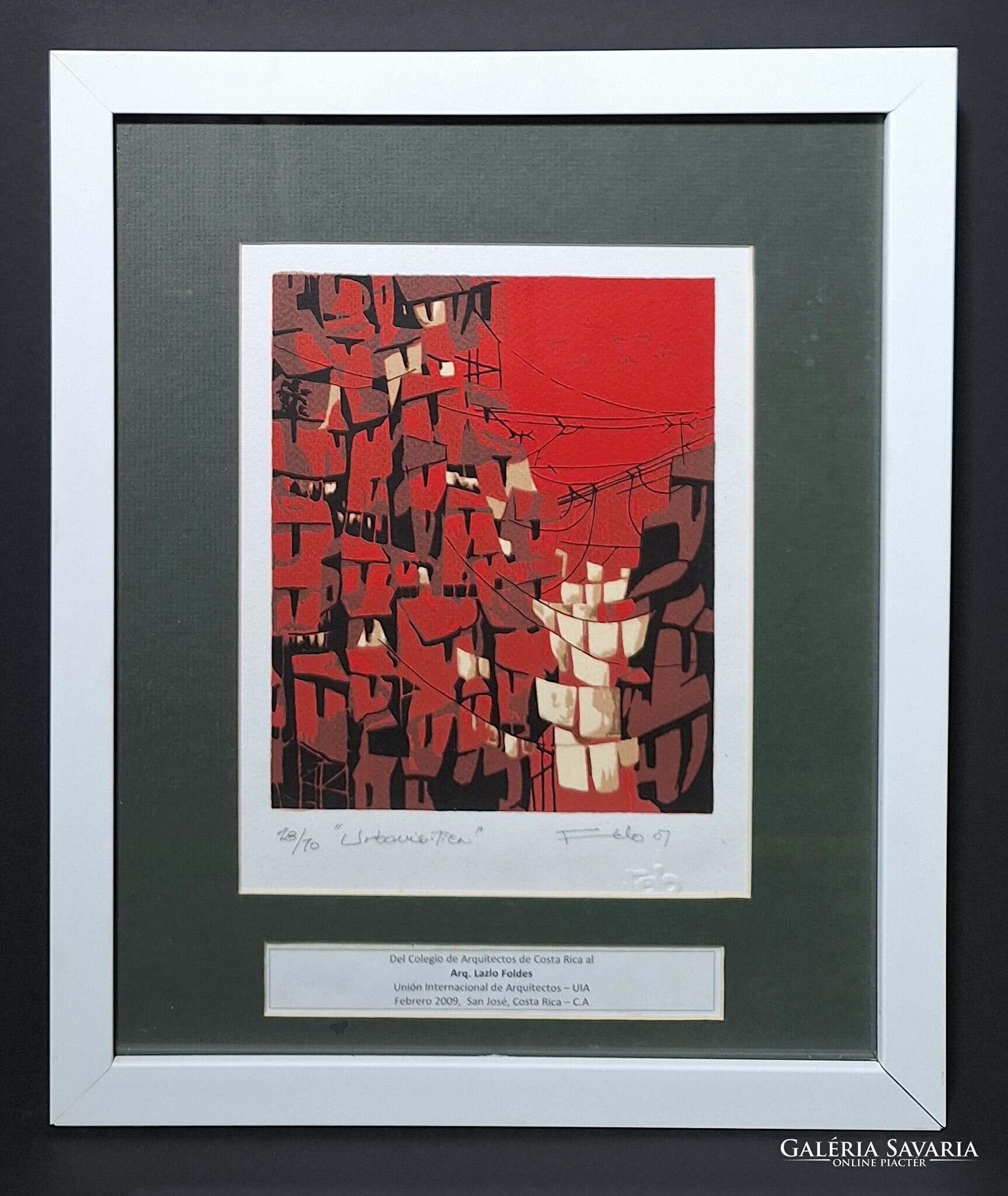 Földes László (1959-): Háztetők, Costa Rica (litográfia, fehér keret ...