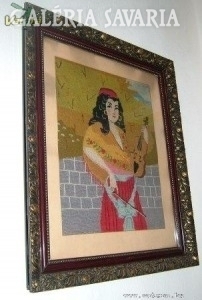 Antique gypsy girl tapestry in original frame