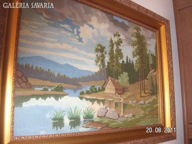 Gobelin tájkép, nagyon szép szőlőmintás kerettel, 75 x 55 cm.