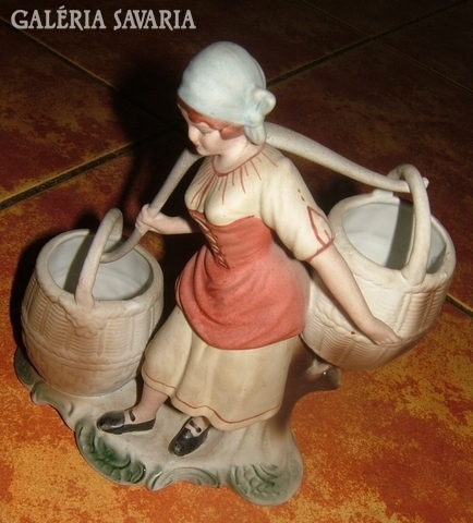 Woman carrying water - old bisquit porcelain sculpture