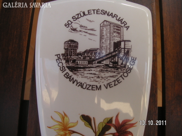 Hollóházi memorial vase from the Pécs mine plant, for the 50th birthday of their employee
