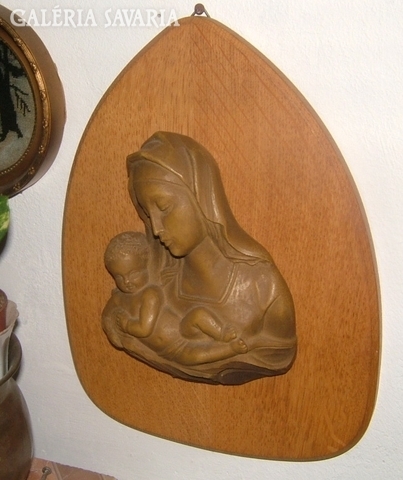 Antik falikép fa alapon – Szűz Mária a kis Jézussal