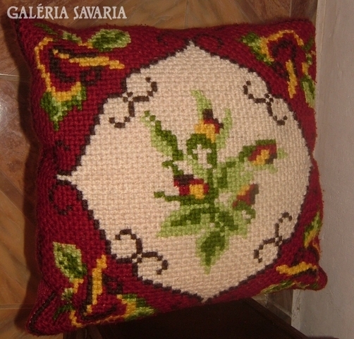 Large antique decorative pillow with tapestry floral pattern - handmade