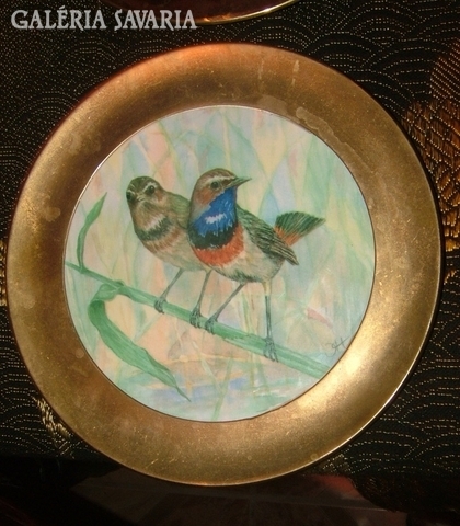 Copper-framed ceramic - marked and signed wall plate / animals