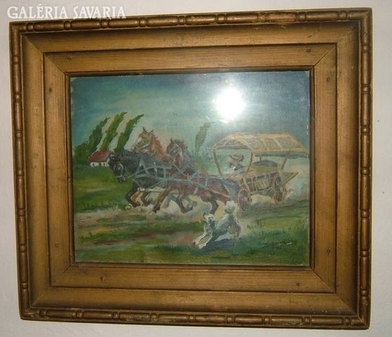Antique marked oil/wood painting: car chased by a dog - unknown artist - signed