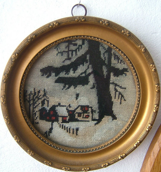 Antique needle tapestry - landscape in an antique round frame - tipoen