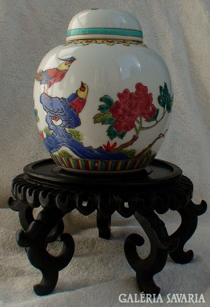 Kézzel festett Kínai fácános, pünkösdi rózsás porcelán edény piros pecsét váza fedeles doboz antik