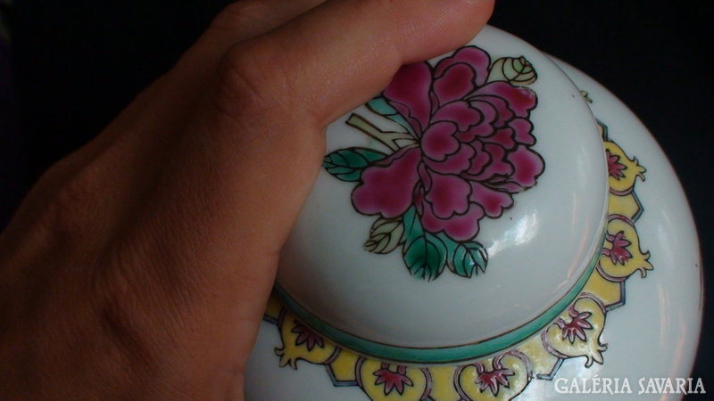 Hand painted Chinese pheasant, peony rose porcelain pot red seal vase with lid box antique