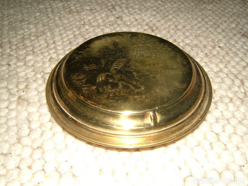 Engraved, decorative, copper bowl with lid
