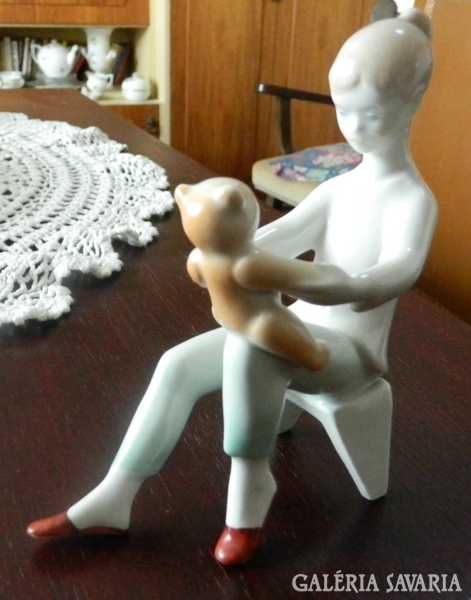 A girl playing with a teddy bear: rare from the Aquincum porcelain factory!!