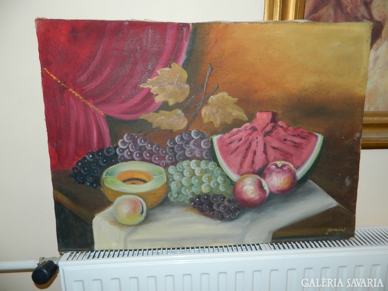 Tabletop still life > labeled oil / canvas painting