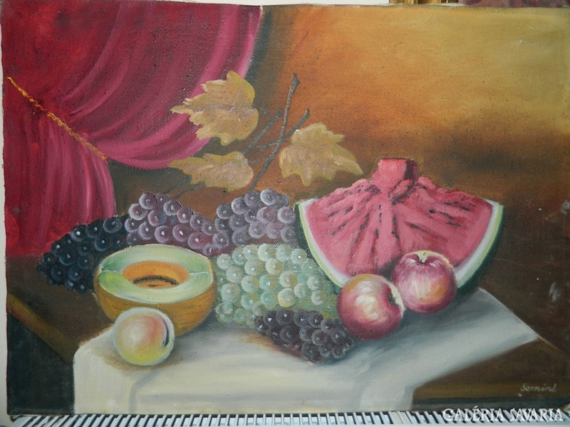 Tabletop still life > labeled oil / canvas painting