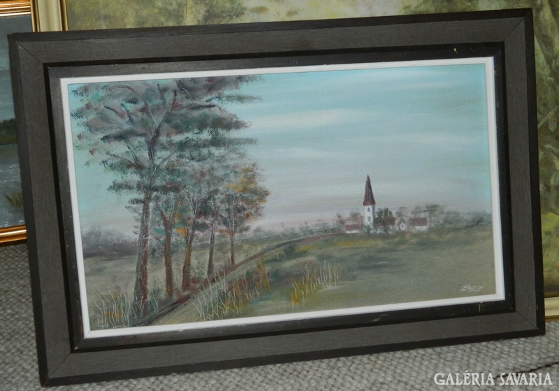 Quality marked painting: tower of a distant village