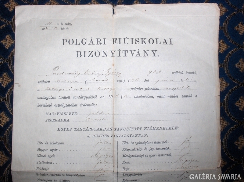 POLGÁRI FIÚISKOLAI BIZONYÍTVÁNY - 1932
