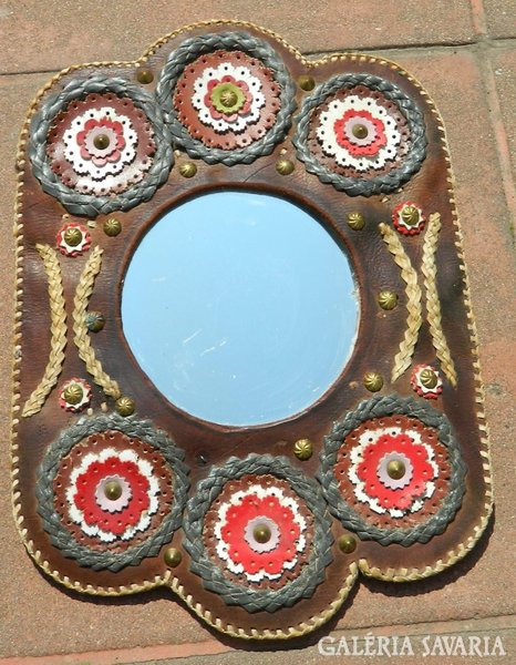 Approx. 80-100 years old dreamy wall mirror with leather frame