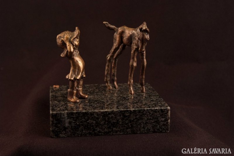 Horse foal and little girl (friendship in windstorm) contemporary bronze