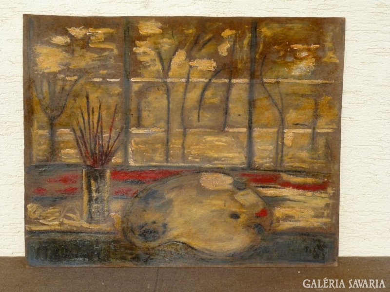 1029 R1 Gábor M. jelzésű festmény festő asztala