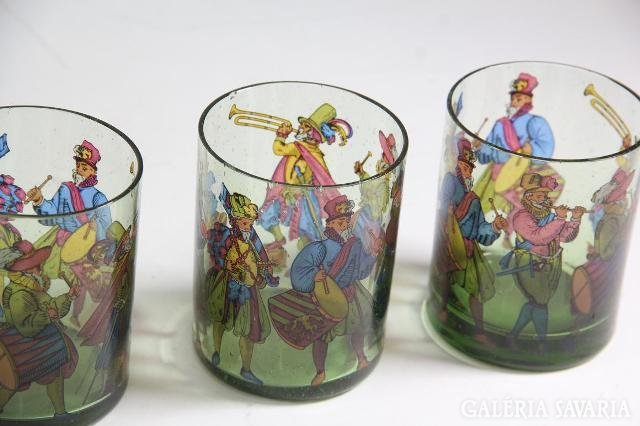  Festett whiskys pohár közép-kori dekorációval 5 db