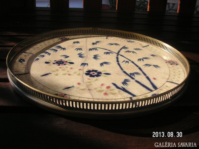 Zsolnay family stamped tray with bamboo pattern, metal handle