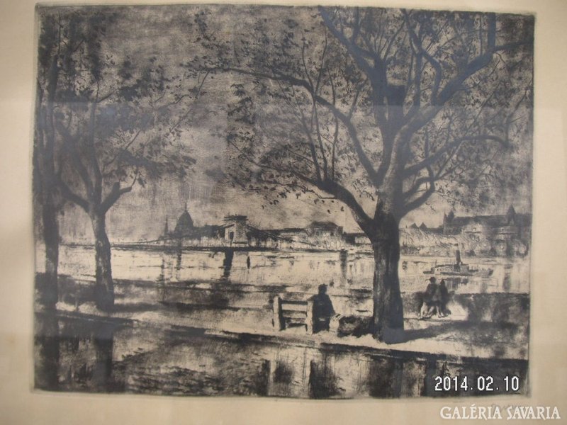 Etching, Budapest, Danube bank with chain bridge, signed