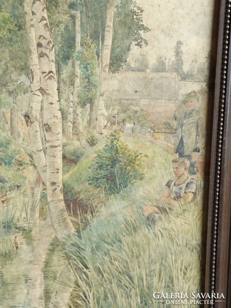 Német festő: Fiúk a patakparton, akvarell, 1925
