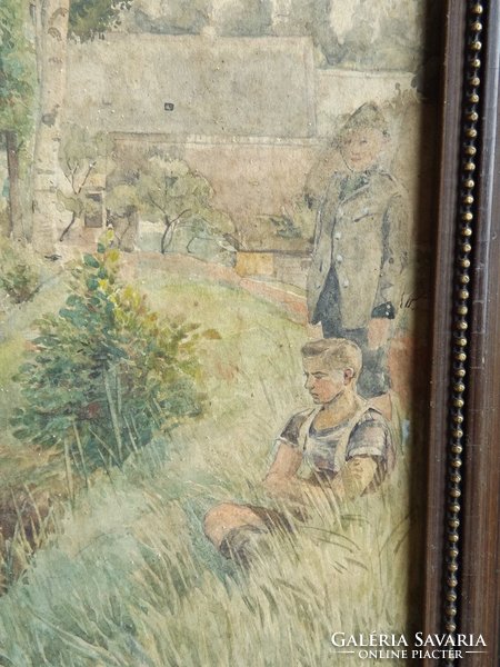 Német festő: Fiúk a patakparton, akvarell, 1925