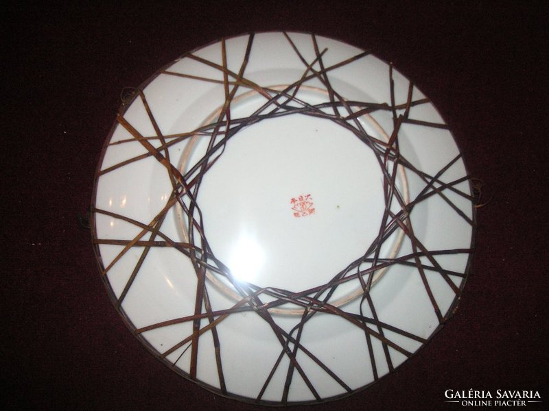 Japán porcelán tányér, antik, bambusz náddal , körbefonva