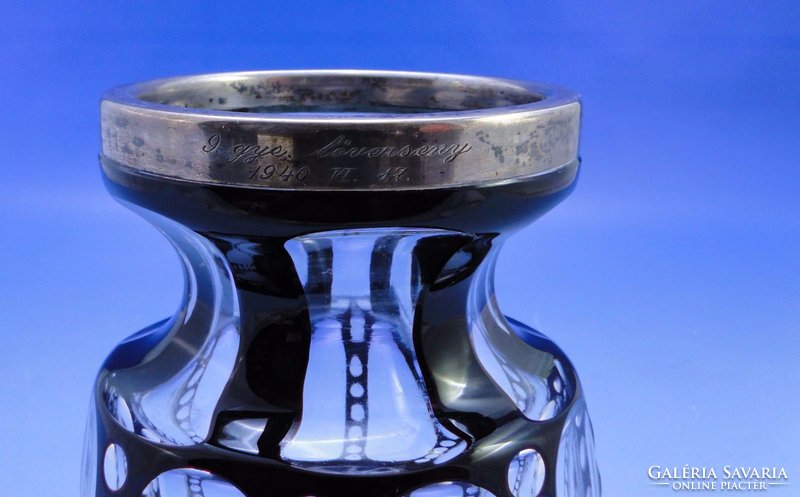 0C331 Antik ezüst peremes csiszoltüveg váza