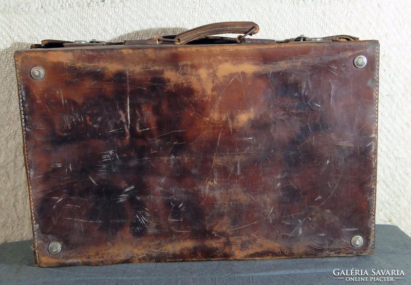 0C253 Antik bőr utazó táska koffer bőrönd