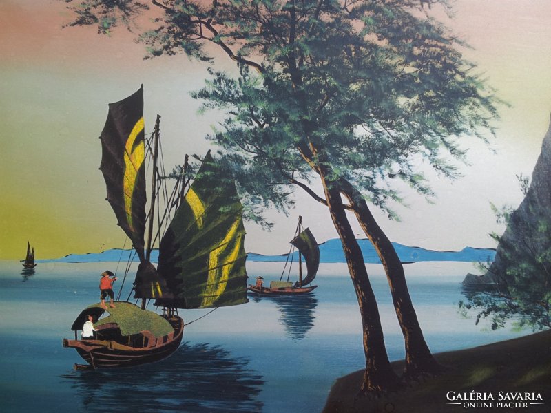 Sailboats in the bay, old Vietnamese tableau,