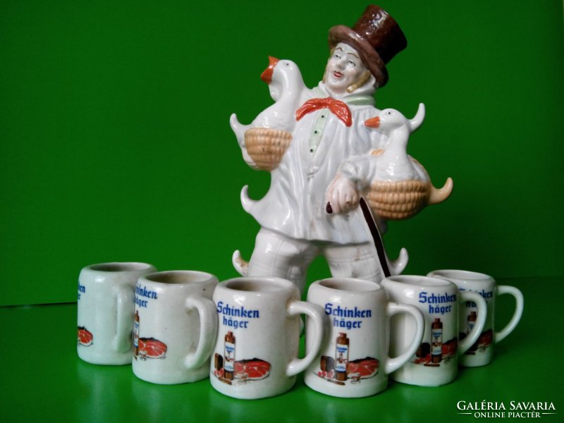 Rare shape porcelain flask with cups and drink pouring glasses, complete brandy short drink set