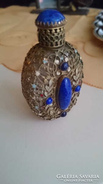 Régi parfümös üveg lapis lazuli (lazurit)  kővel díszítve