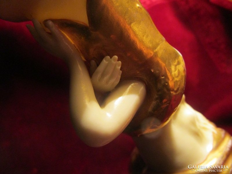 Nő alakos antik jelzett porcelán gyertyatartó aranyozott