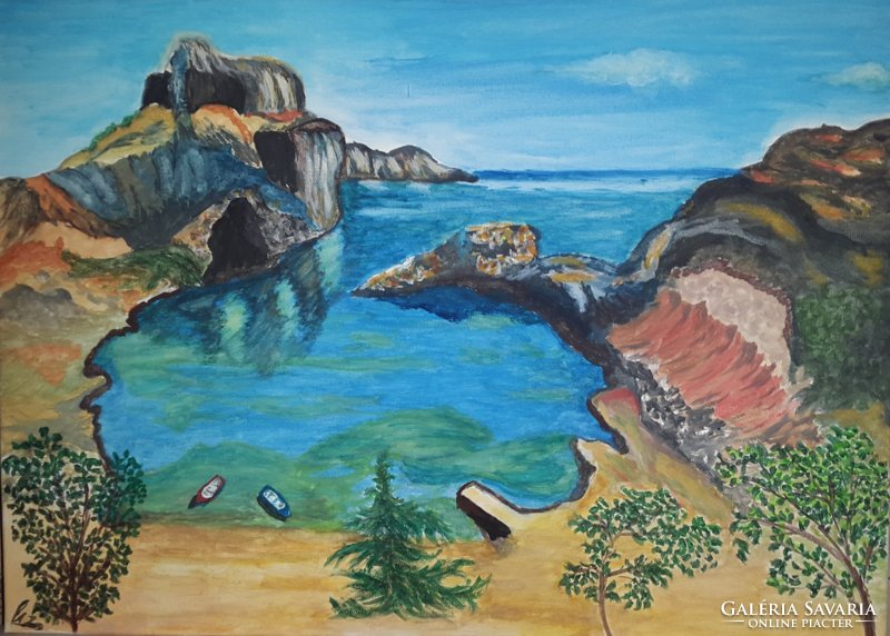 Greek seaside bay painting