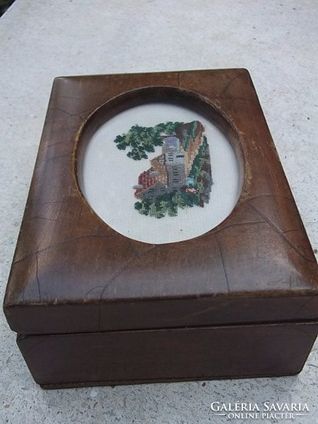 Wooden storage box with tapestry insert 17x12x8 cm