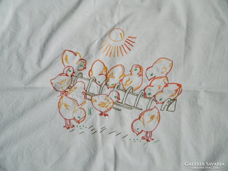 Chicks at the trough - embroidered tablecloth - needlework