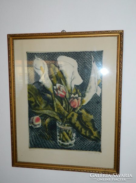 István Imre colored etching floral still life / mixed media.