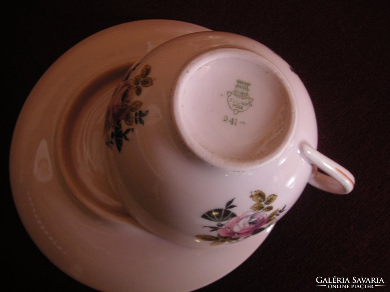 Zsolnay pink tea pot and two tea cups with a small plate, with a shield mark