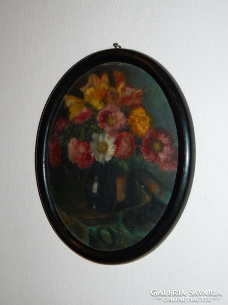 Antique marked oval oil painting - flower still life - unknown artist