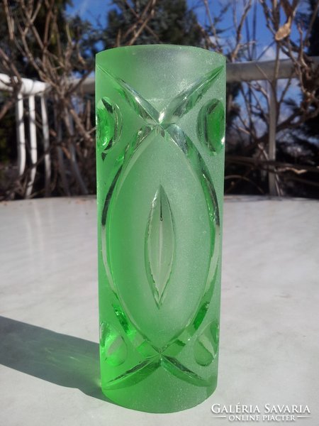 Green engraved glass vase