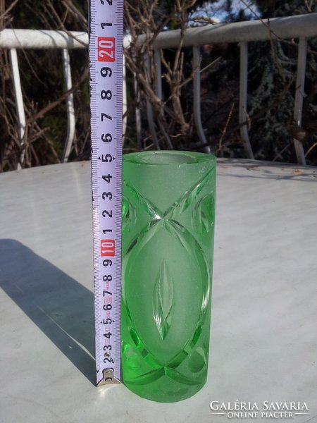 Green engraved glass vase